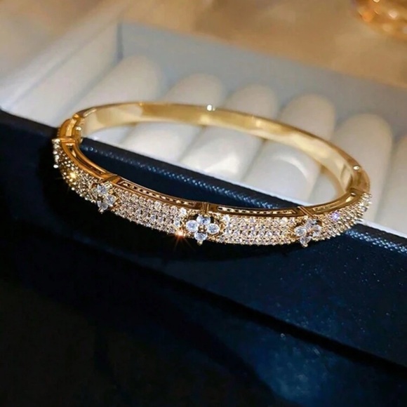 Gold Plated Stainless Steel CZ Bangle Bracelet Sparkling Statement - Picture 1 of 5